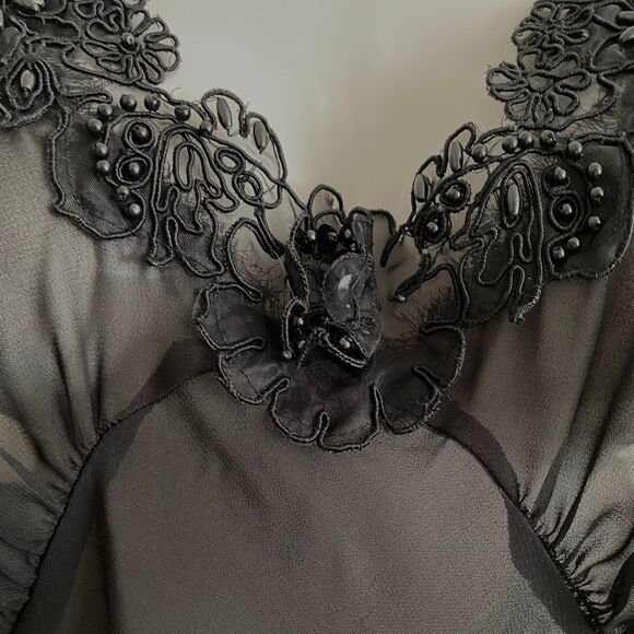 Vintage Dentelle Black Slip Dress | Sheer Sexy Nightie w/ Beaded Bodice - Picture 1 of 5